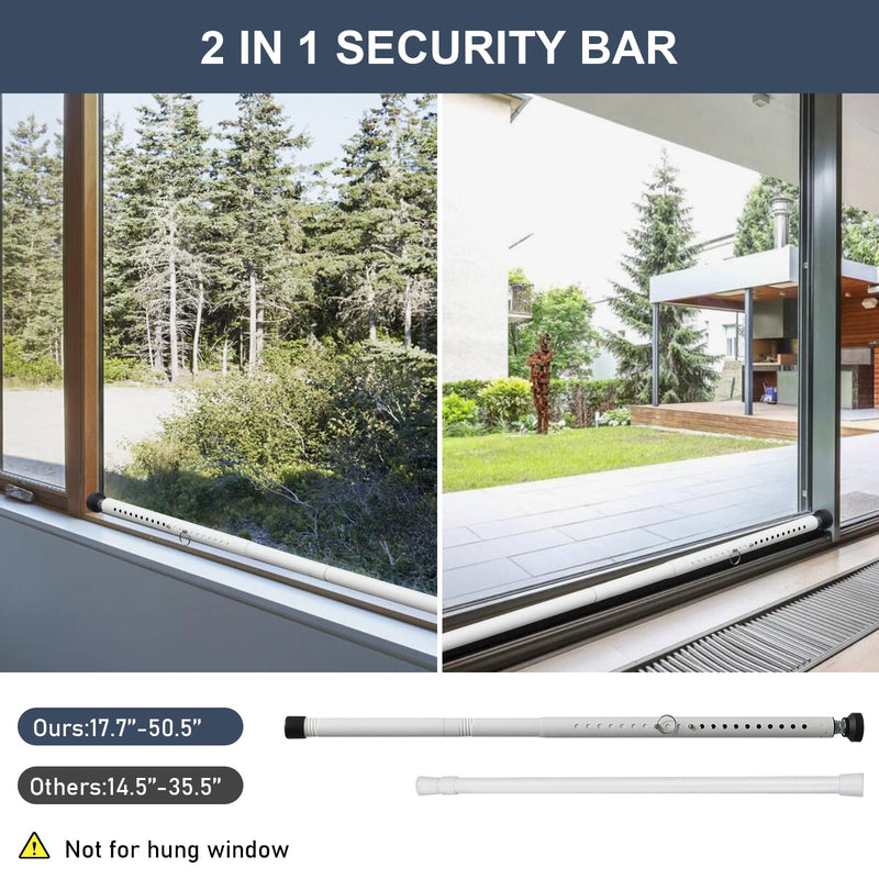 Sliding Door Security Bar，17.5-50 inch Adjustable Patio Door Security bar, Heavy Duty Window Security Bars Inside for Sliding Glass Door Home Apartment Bedroom(White) White