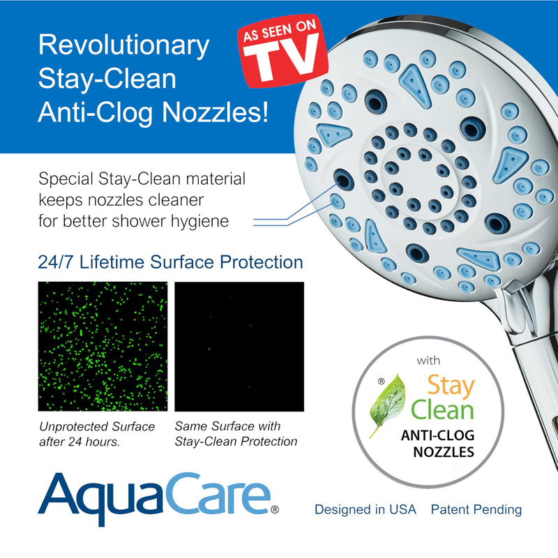 AquaCare High Pressure 10 Spray Mode Filtered Showerhead - Handheld Shower Head Filters Chlorine to Heal Dry Skin, Revive Hair - Dual Power Wash Cleans Tub, Tile, Pets - Hard Water Softener, Chrome Round