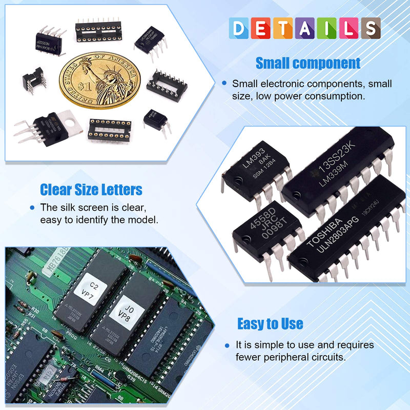 Glarks 169Pcs IC Chip Assortment opamp, oscillator, pwm, PC817, NE555, LM358, LM324, JRC4558, LM393, LM339, NE5532, LM386, TDA2030, TDA2822, PT2399, UC3842, UC3843, ULN2003, ULN2803