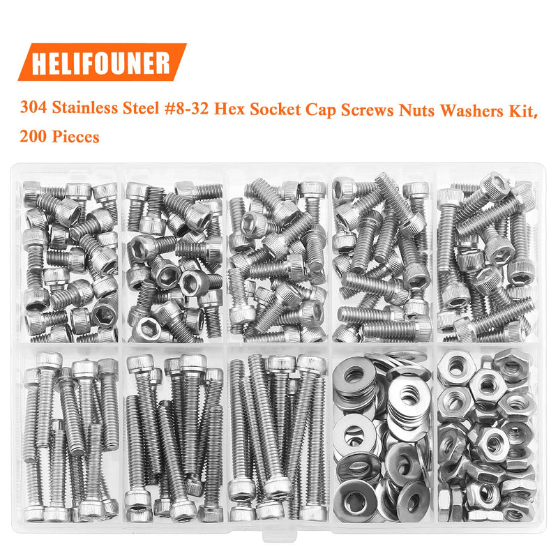 200 Pieces #8-32 x 1/4" 5/16" 3/8" 1/2" 5/8" 3/4" 1" 1-1/4", Hex Socket Head Cap Screws Bolts Washers Nuts Kit, Coarse Thread, Fully Machine Threaded, 304 Stainless Steel