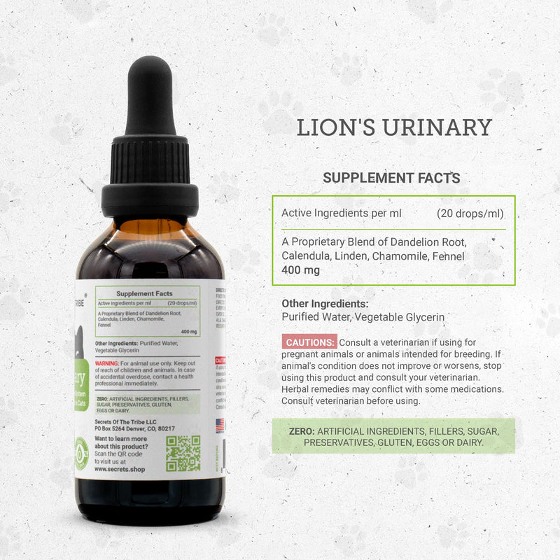 Lion's Urinary | Natural Herbal Dietary Supplement for Cats | Healthy Urinary System Support in Cats | Alcohol-Free Extract, Dandelion Root, Calendula, Linden, Chamomile, Fennel 2 oz