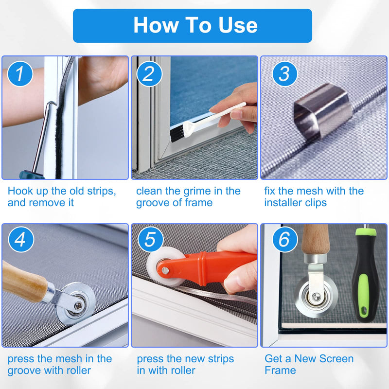 Window Screen Repair Kit Mesh Screen Spline Roller Repair Tools Kit with Screen Installer Clips, Metal and Plastic Spline Fixing Tool Kit for Window Screen