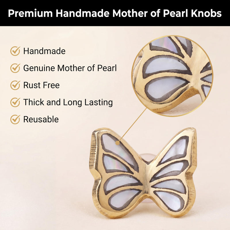 Indian Shelf 6 Pieces Butterfly Cabinet Knobs Handmade Brass Mother of Pearl Inlay Gold Finish Decorative Dresser Pulls for Kids Nursery Wardrobe Cupboard Vanity Drawer Furniture Hardware