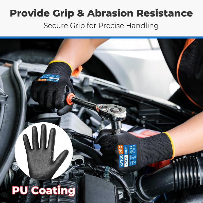 KAYGO Cut Resistant Gloves PU Coated, 12 Pairs Safety Work Gloves with Full Fingers Touchscreen, ANSI Cut Level A1, KGP26 Black Medium