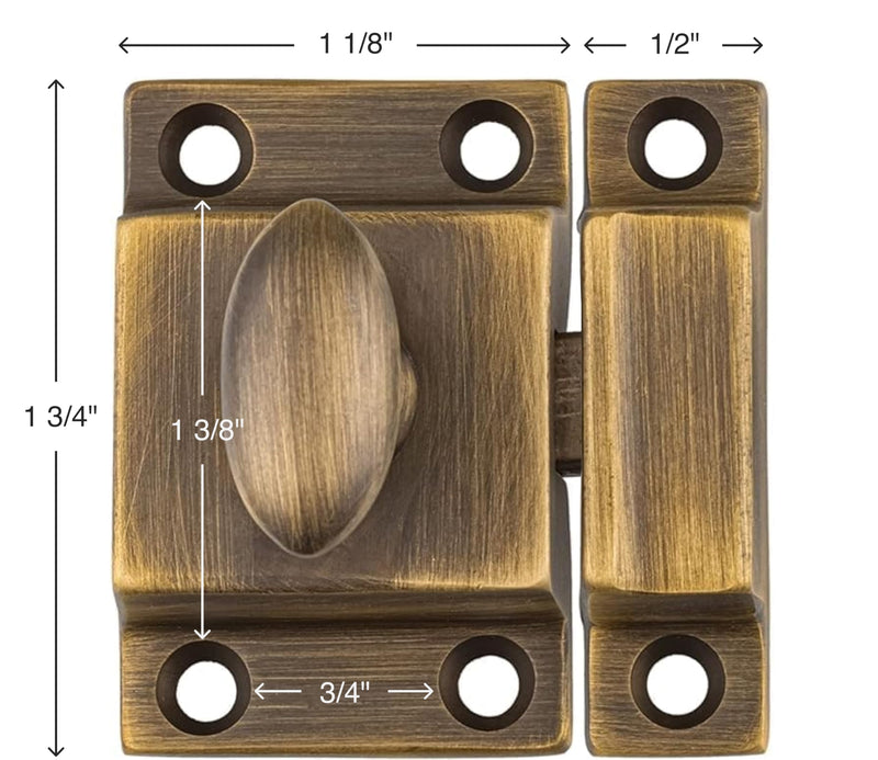 Small Heavy Duty Antique Brass Cabinet Door Latch - 1-3/4" × 1-3/4" - Spring Loaded Cupboard Door Latch with Oval Turn - Vintage Cabinet Hardware | UA-101-LAB (2) 2
