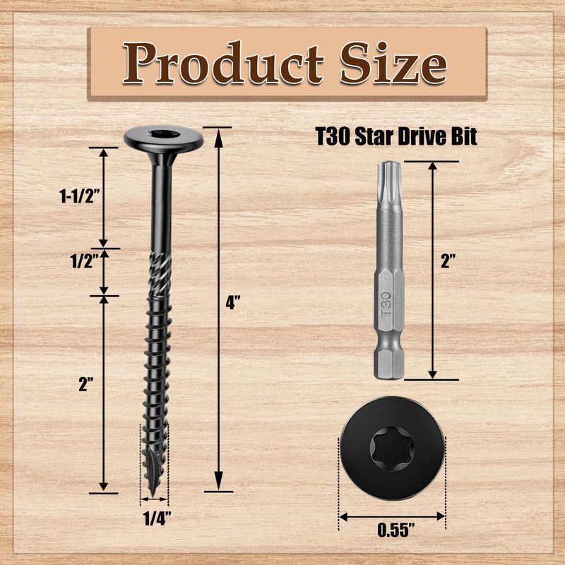 25PCS #14 x 4 Inch Lag Screws Structural Wood Screws 4 inch, Black Coated Rust Resistant Heavy Duty Construction Screw Star Drive with Bit #14x4"