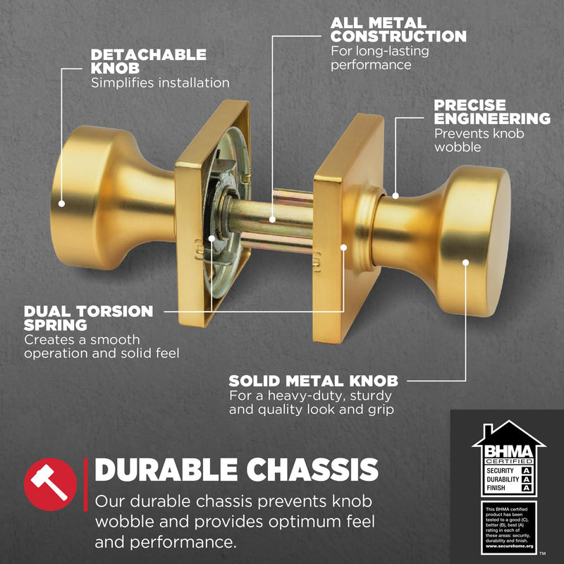 Kwikset Pismo Interior Passage Door Knob, Handle for Closet and Hallway Doors, Non-Locking Doorknob, Satin Brass, Square, Microban Protection Square Rose