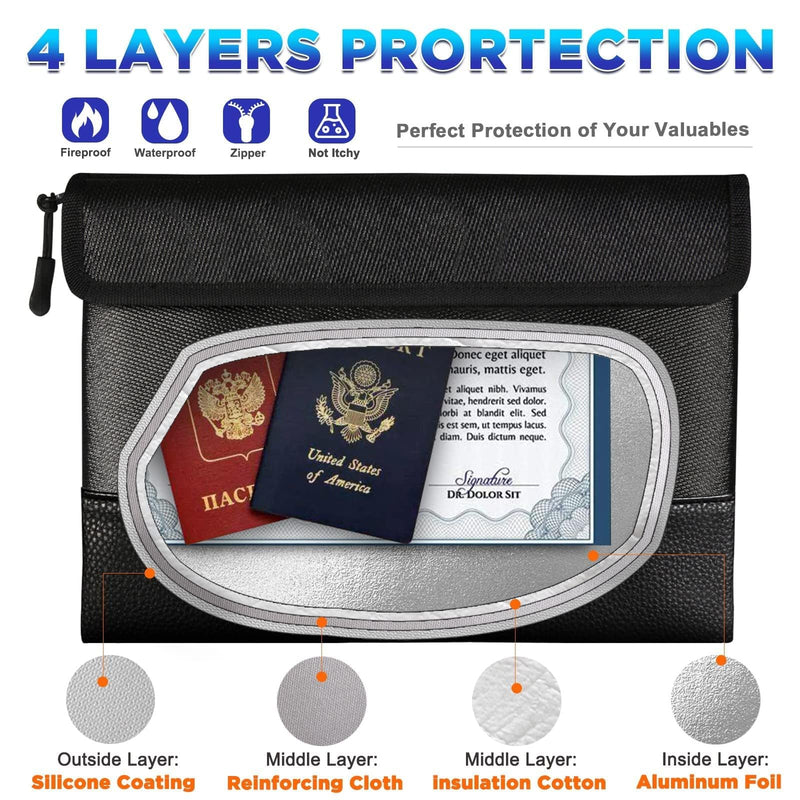 Fireproof Document Bag & Money Pouch - 5200°F Fireproof Money Bag for Cash, Passports, and Valuables - 11x7.7 Waterproof Small Fireproof Bag with Zipper for Home Safe Storage Medium Black