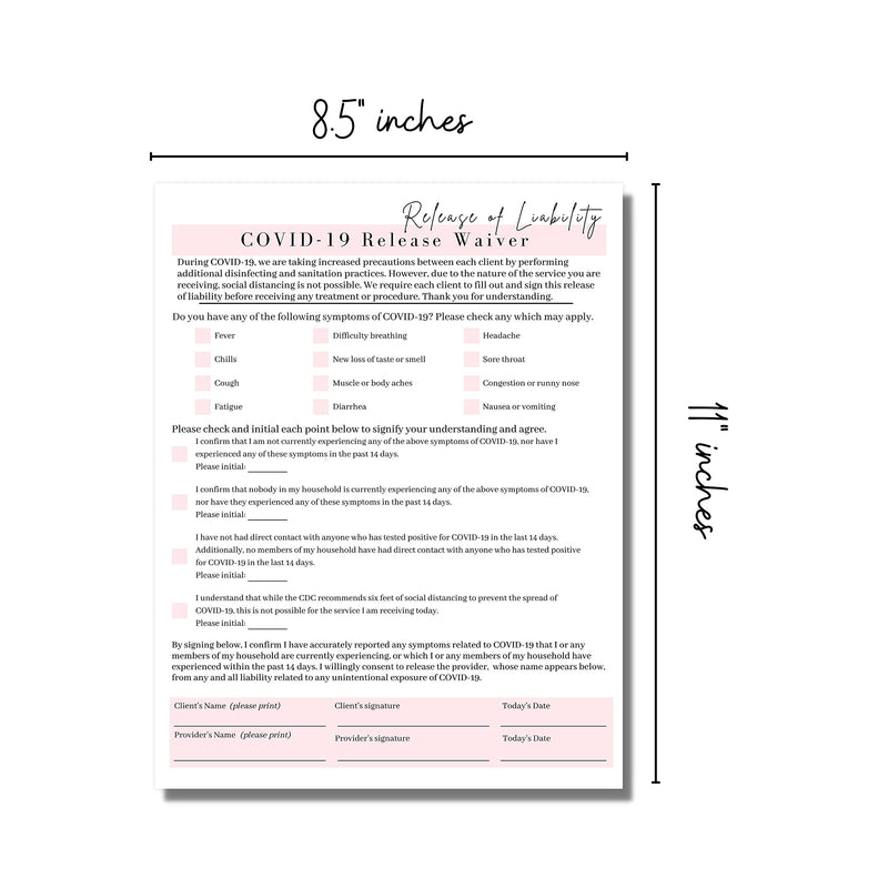 Covid-19 Release of Liability Forms | 50 Pack | 8.5x11" inch Paper Size Form | Eyelash Extension Supplies | 50 Covid-19 Viral Exposure Liability Release Forms
