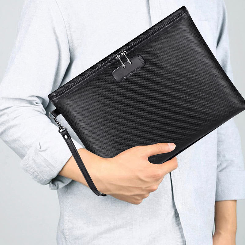 Fireproof Document Bag with Lock, ZOOPIP 14.3"x10.2" Fireproof and Waterproof Money Bag with Zipper Closure, Storage Pouch for A4 Letter Size Document, Cash, Cell Phone, Tablet, Credit Card,Passport Black 14.3"*10.2"*0.6"