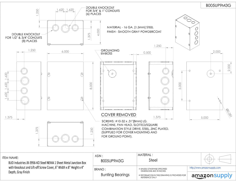 BUD Industries JB-3956-KO Steel NEMA 1 Sheet Metal Junction Box 8 L x 6 W x 4 D, Gray 8 L x 6 W x 4 H With Knockouts