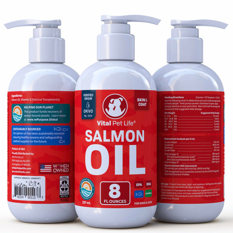 Salmon Oil for Dogs & Cats - Healthy Skin & Coat, Fish Oil, Omega 3 EPA DHA, Liquid Food Supplement for Pets, All Natural, Supports Joint & Bone Health, Natural Allergy & Inflammation Defense, 8 oz 8 Ounce Salmon Oil