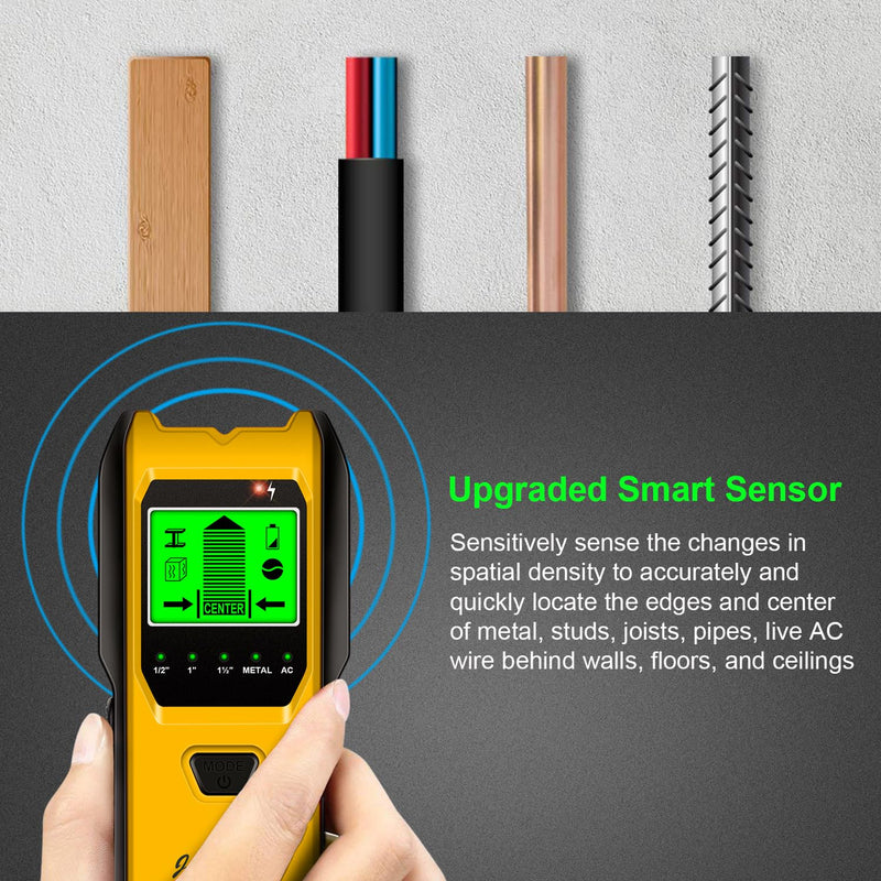 Stud Finder Wall Scanner, 5 in 1 Multifunction Stud Locator with Upgraded Smart Sensor, HD LCD Display and Audio Alarm for The Center & Edge of Metal, Studs, AC Wire, and Pipe Detection (Lemon) Lemon
