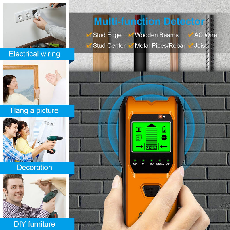 Stud Finder Wall Scanner, 5 in 1 Multifunction Stud Locator with Upgraded Smart Sensor, HD LCD Display and Audio Alarm for The Center & Edge of Metal, Studs, AC Wire, and Pipe Detection (Tangerine)