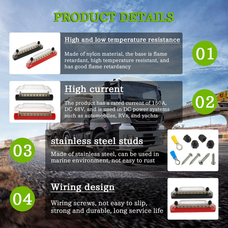 BOJACK Power Distribution Terminal with Cover 2 x 1/4"(M6) Terminal Studs, 8 x M4 Terminal Screws, Red and Black Marine Battery Bus Bar Block with Ring Terminals for Automotive Boat Solar Wiring 2*M6 Studs&8*M4 Screws-BK+R