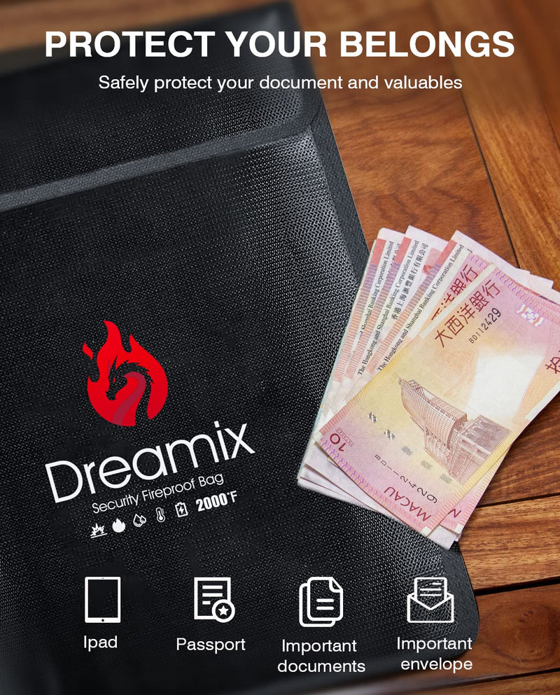 Dreamix Fireproof and Waterproof Document Bag Safe Storage Valuables Cash Jewelry Legal Documents File Upgraded Two Pockets Fireproof Money Bag (Black) Black
