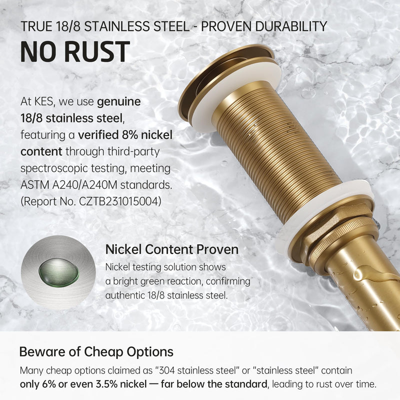 KES All-Metal Pop Up Bathroom Sink Drain, Extended Thread for Thicker Vessel Sinks & Countertops, Durable Brass & Stainless Steel, No Overflow, Brushed Gold, S2022D-BZ NO Overflow, Long Thread