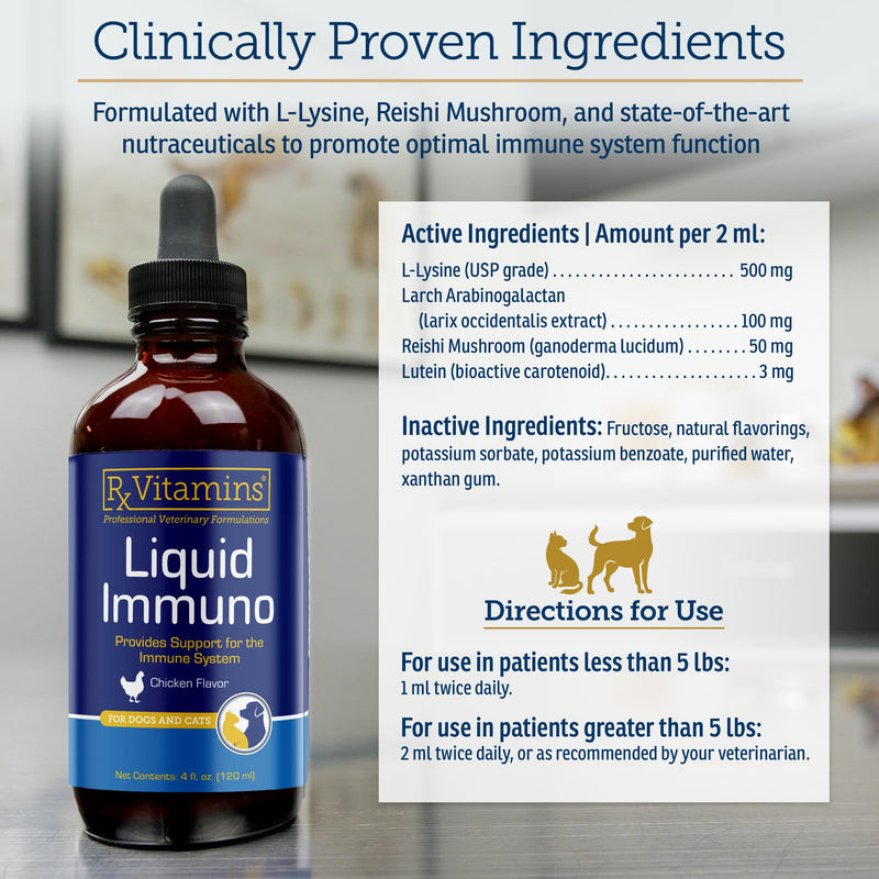 Rx Vitamins Liquid Immuno - with L-Lysine for Cats and Dog Health - Reishi Mushroom Supplement for Dogs & Cat Immune Support - Vitamins for Dogs and Dog Eye Supplements with Lutein - Chicken (4oz)