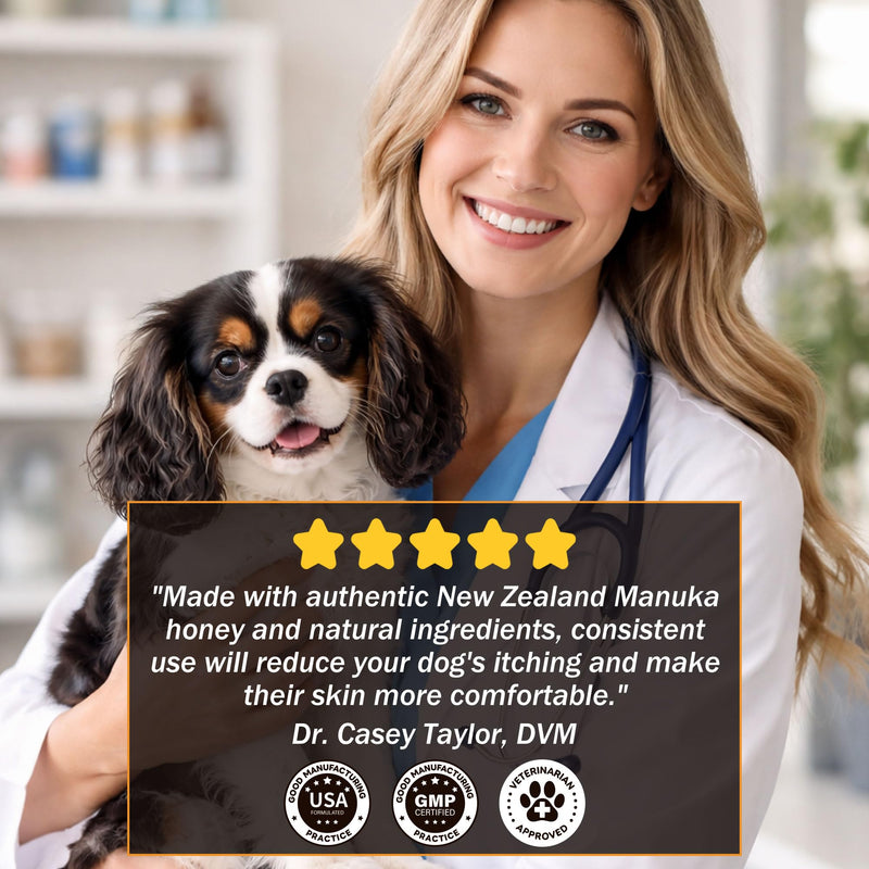 Manuka Honey for Dogs - Allergy Relief & Anti Itch Skin - Comfort and Coat Health - Manuka Honey, Krill Oil, Colostrum, Quercetin, Probiotics, Kelp Powder - 120 Soft Chews