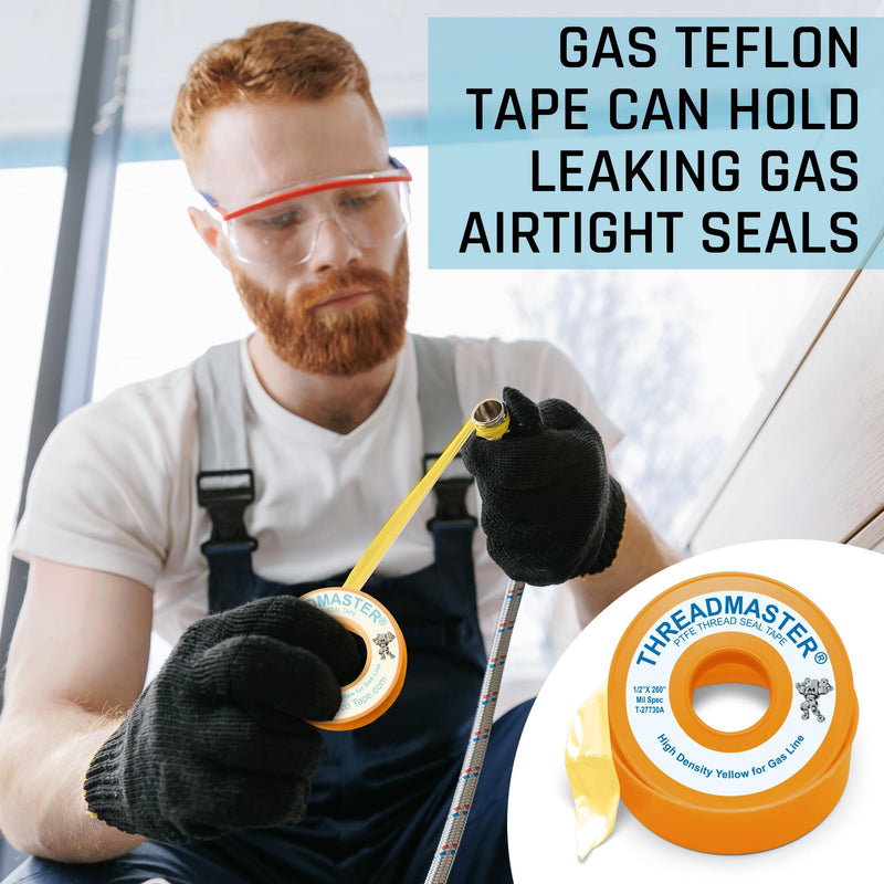 Yellow Gas Pipe Thread Seal Tape, 260" Length 1/2" Width, Teflon Tape for Gas Fittings, Used as High Density Plumbers Tape, Pack of 2