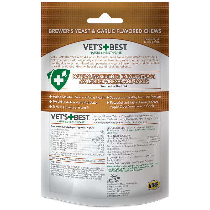 Vet’s Best Brewer’s Yeast & Garlic Chews| Healthy Skin & Coat Protection for Dogs | Formulated with Veterinary Recommended Dosage | 60 Count - PawsPlanet Australia