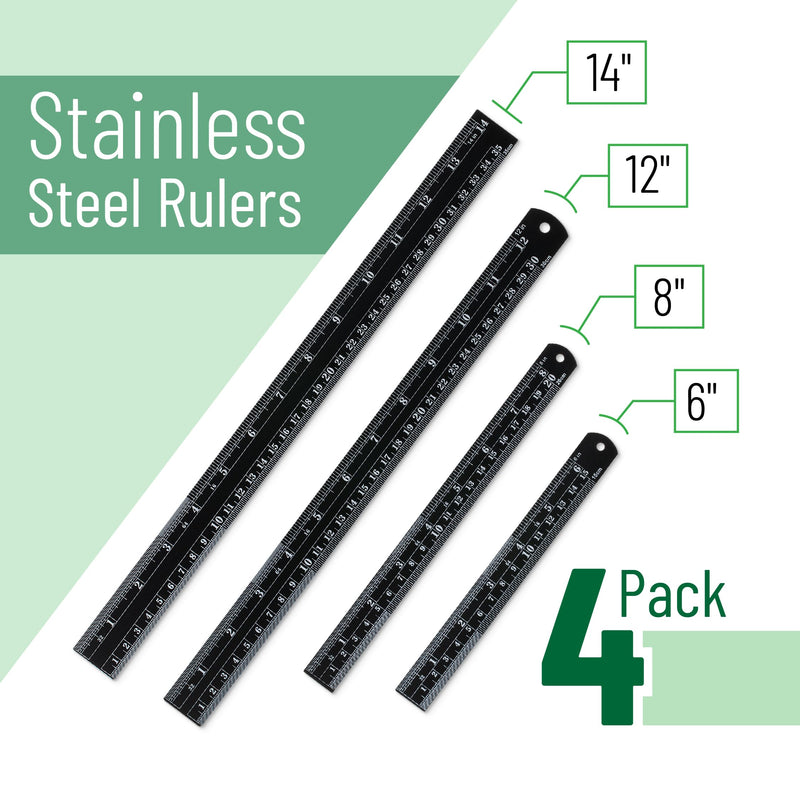 Mr. Pen- Stainless Steel Ruler, 4 pcs, 6", 8", 12", 14", Black, Imperial & Metric Measurements, Metric Metal Ruler Set, mm Ruler, Metal Rulers, Small Metal Ruler Metal Straight Edge, Centimeter Ruler 6, 8, 12, 14 inch