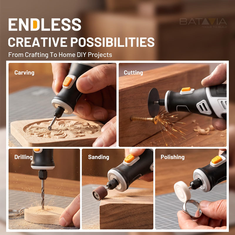 BATAVIA 8V Cordless Rotary Tool, 5 Speed 117PCS Kit for Engrave/Sand/Drill
