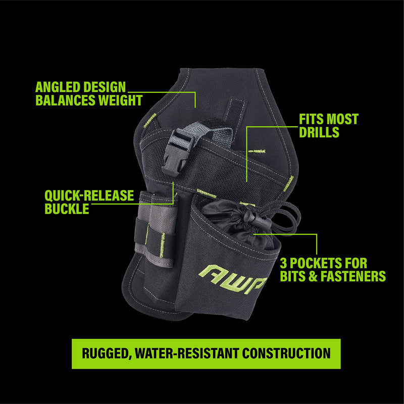 AWP Angled Drill Holster | Heavy-Duty Polyester Drill Holster Designed to Sit on Belt and Hold Weight Evenly | Black | Fits Most Drills