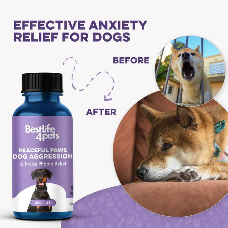 Peaceful Paws Dog Aggression & Noise Phobia Relief, Anxiety Relief for Dogs, Dog Calming Remedy for Biting, Barking, Chasing, Attacking, and Other Canine Behavior Issues, 400 Non-Drowsy, Small Pills - PawsPlanet Australia