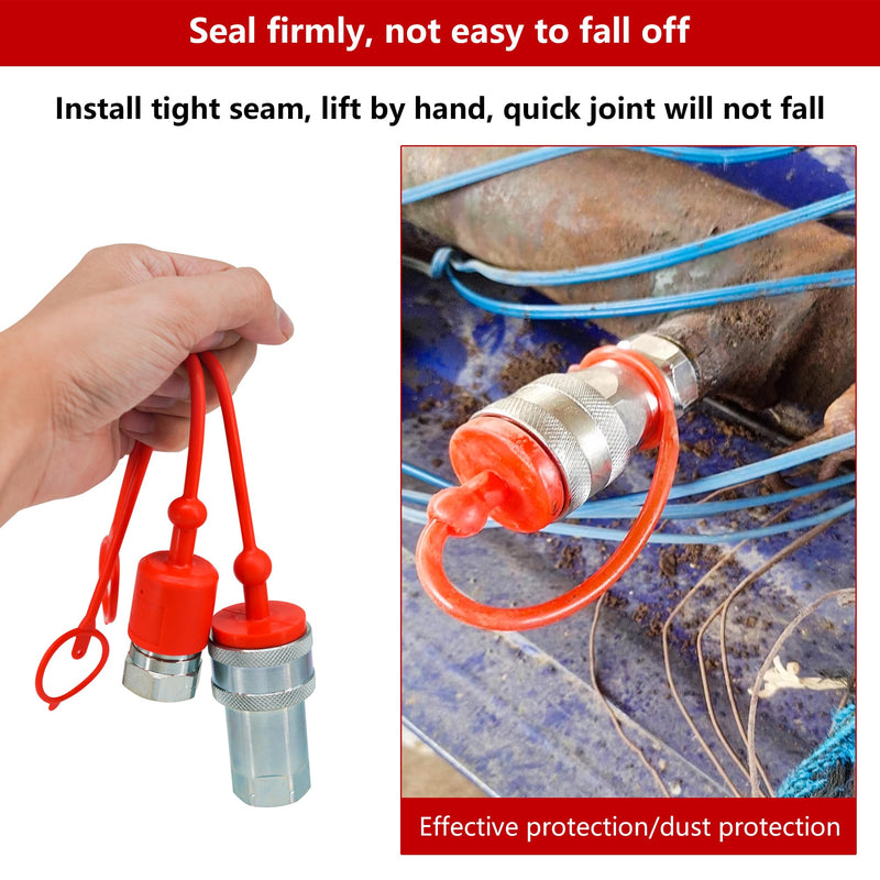 2sets 1/2 ISO A Hydraulic Coupler Male Dust Cap and Female Plug Cover,ISO A Pioneer Style Hydraulic Quick Disconnects Port Plug Cover Fittings,Red Cap with Retaining Ring Keeps Cap Connected to Hose Red 2