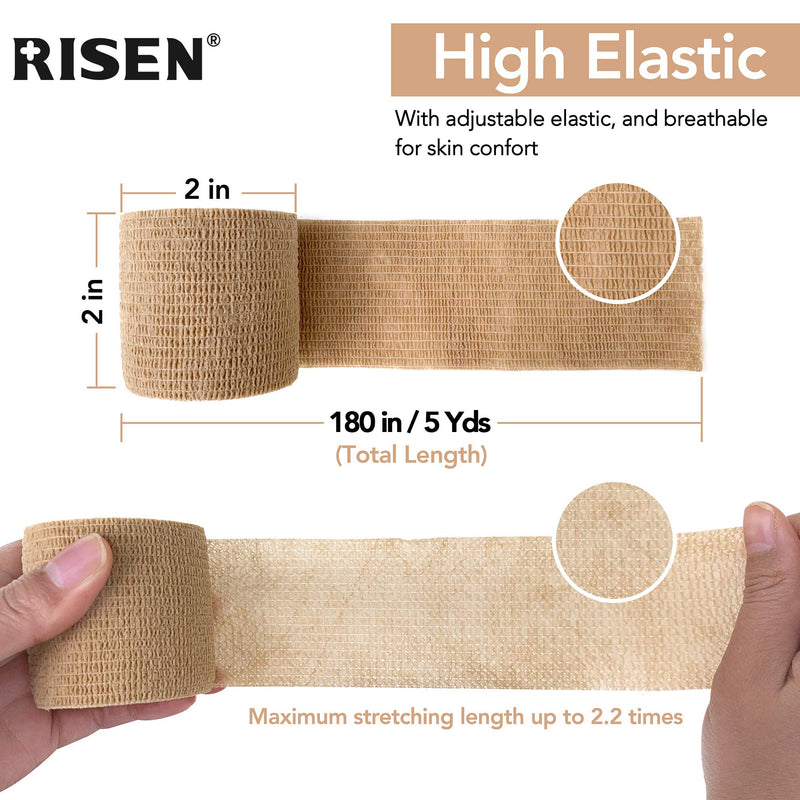 RISEN Cohesive Bandage 2” x 5 Yards, 6 Rolls, Self Adherent Wrap Medical Tape, Adhesive Flexible Breathable First Aid Gauze Ideal for Stretch Athletic Tan 6 Count (Pack of 1)