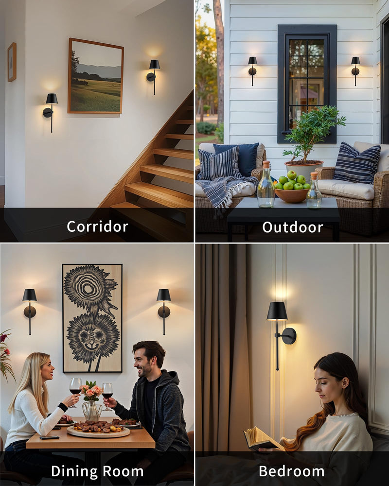 KDG Wireless Wall Sconces Set of 2, Small Cordless 5200mAh Rechargeable Battery LED Wall Lamps, Stepless Dimming Lightings for Wall Painting, Living Room, Bedroom, Hallway, Gifts, Night Light (Black) Black (2 Pack)