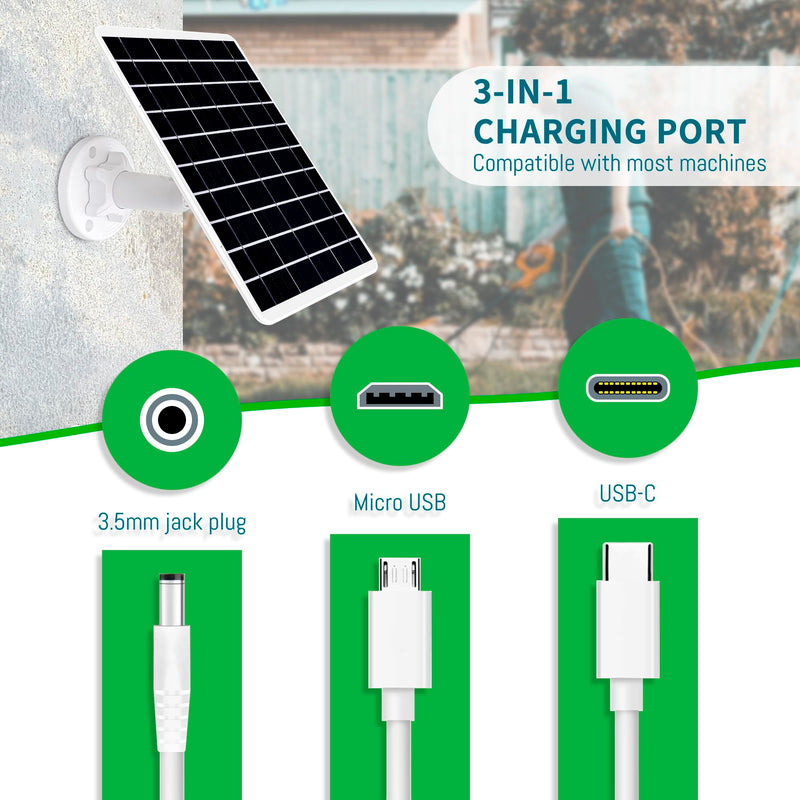 8W Solar Panel Compatible with Rechargeable Battery Powered Cam, for Security Camera Outdoor, 5V Camera Solar Charger Waterproof with Micro USB/USB-C Port/DC 3.5mm 3in1 Cable, 360° Adjustable Bracket 8 Watts