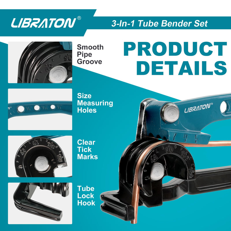 LIBRATON Tube Bender, Copper Tubing Bender 180 Degrees, 3-in-1 Manual Tubing Bending Tool 1/4", 5/16", 3/8", Copper Tube Bender Set with Mini Tube Cutter & Deburring Tool, for Aluminum Brass Pipes