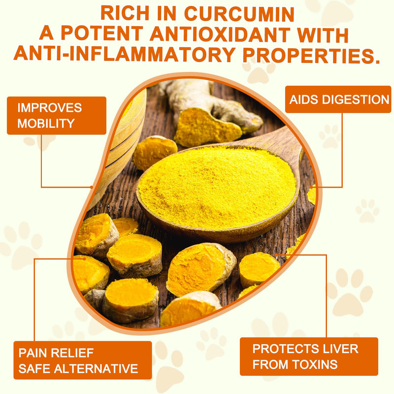 Turmeric for Dogs - 180 Turmeric Curcumin Tablets Supports Heart, Joint & Inflammation, Hip & Joint Aid, Dog Pain Relief, Allergy & Itch Relief, Duck Flavour
