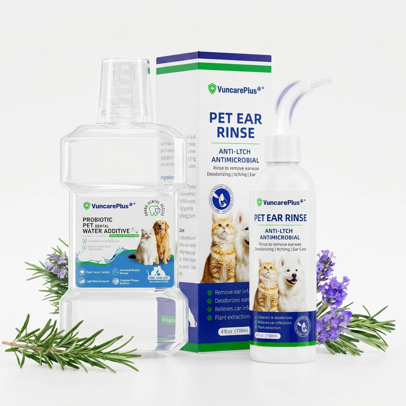 Pet Care Bundle - Probiotic Dental Water Additive & Antimicrobial Ear Rinse for Dogs & Cats