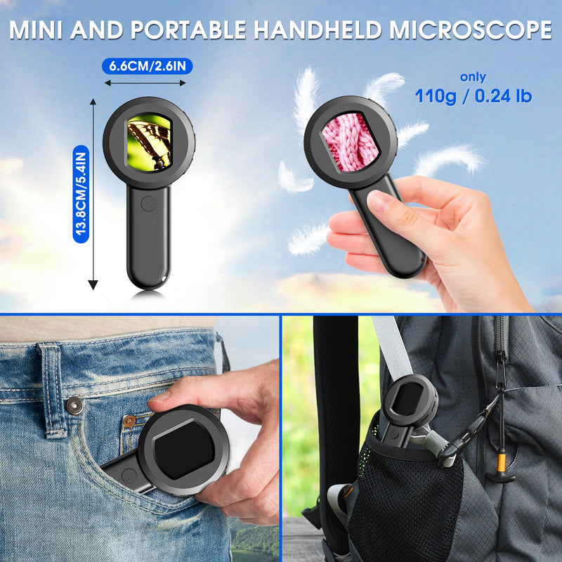 Pocket Digital Microscope for Adults Kids: 100X Handheld Magnifying Glass with Light, USB Coin Magnifier for Collector, Portable Jewelers Loupe with 2" Screen, Mini Scope for Trichome Black