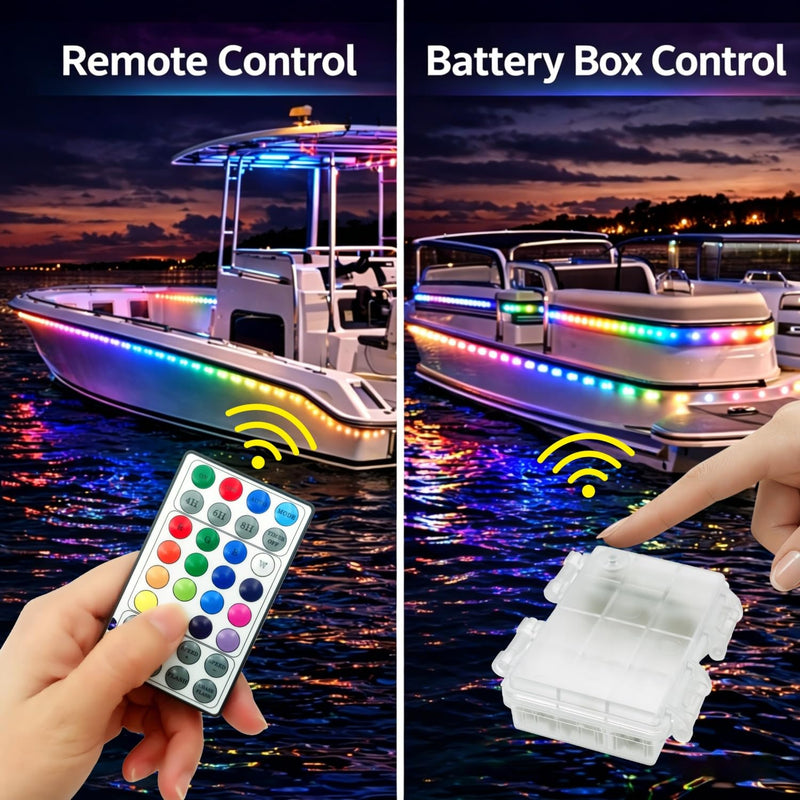 Pontoon Boat Lights Battery Operated RGB+IC Dream Color Marine LED Strip for Duck Bass Kayak , Wireless Waterproof Boat Lights Strip for Deck Interior Courtesy Lights, Night Fishing Light, 16.4FT