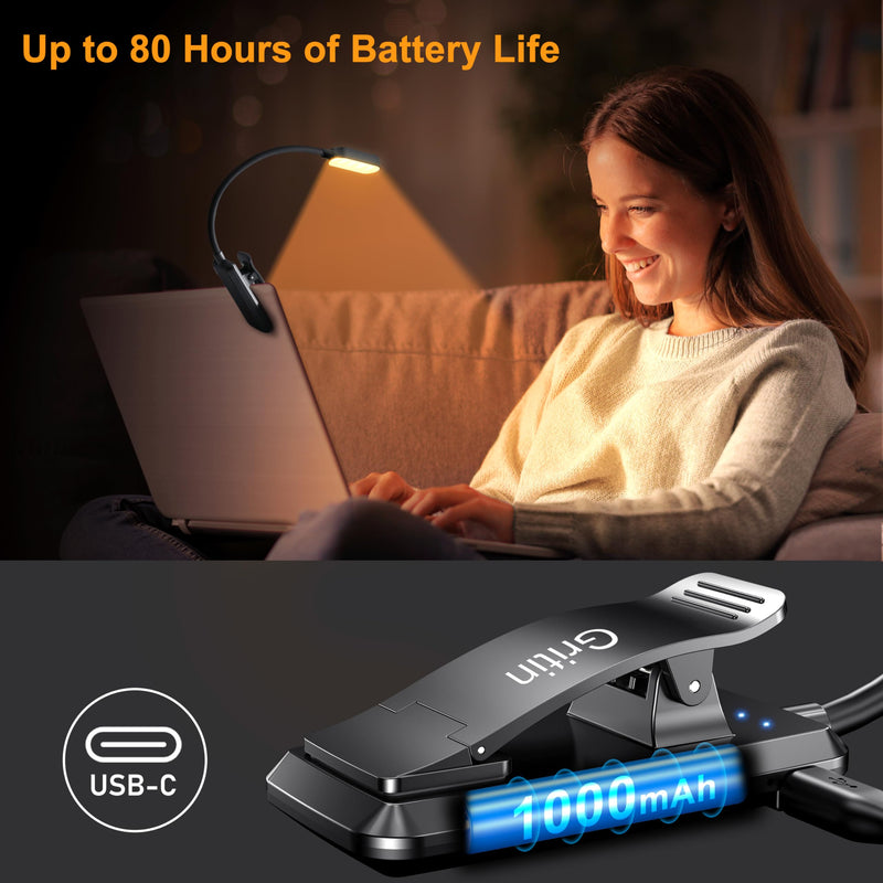 Gritin 16 LED Rechargeable Book Light for Reading in Bed- Eye Caring 3 Color Temperatures, Stepless Dimming Brightness, 80 Hrs Runtime, Lightweight Flexible Clip on Book Light for Book Lovers Black