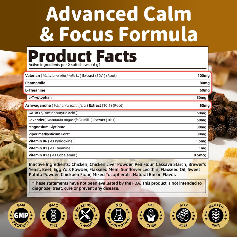 Calming Chews for Dogs – 12-in-1 Dog Calming Treats with Herbal & Vitamins, Relaxation, Focus & Behavior Support for Anxiety, Separation, Barking, Travel, Stress, Upgraded Bacon Flavor, 90 Ct