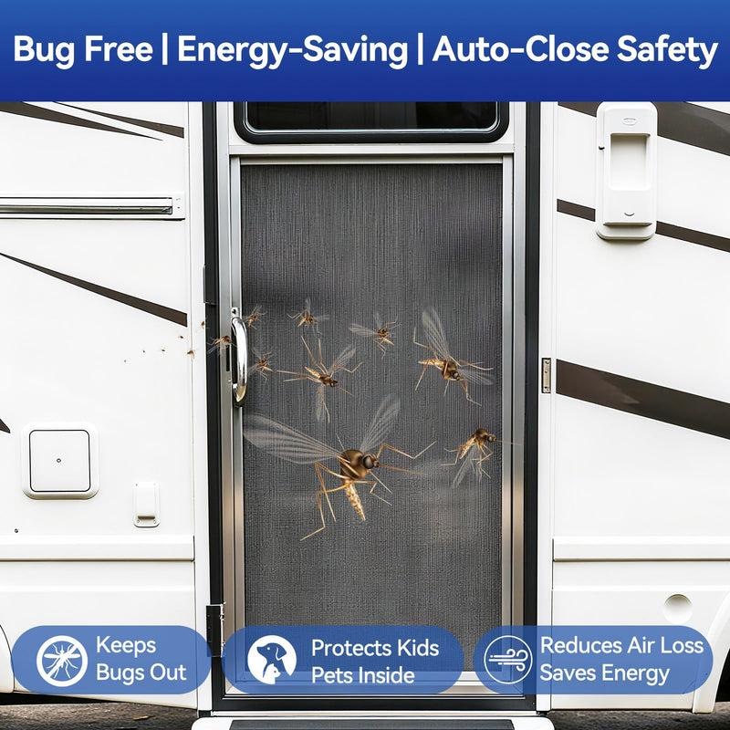 RV Screen Door Closer with Adjustable Tension, Aluminum RV Door Closer Kit, Built-in Spring Automatic Closing Device, Works with Most Camper Travel Trailer Window