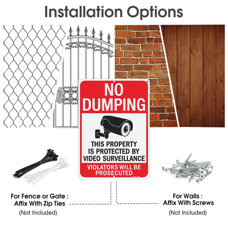 GicnKeuz Large No Dumping signs, 14x10 Inches Property Protected by Video Surveillance signs, Reflective Aluminum, Fade Resistant/Waterproof, Indoor or Outdoor Use (2-Pack) RED 2 PACK