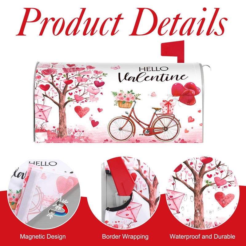 Tiamon Valentines Magnetic Mailbox Cover Valentine's Day Heart Post Box Cover Wraps Valentines Mailbox Covers Standard Size 18 x 21 Inch for Outdoor Yard Home Garden Decorations(Love Tree and Bike) Love Tree and Bike