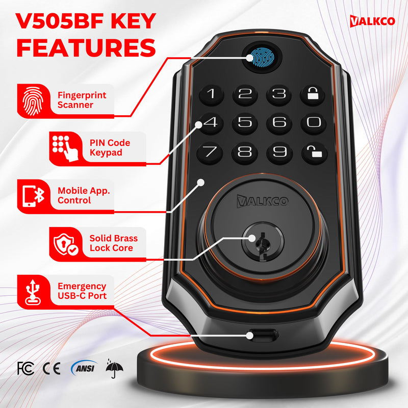 VALKCO Smart Door Lock V5O5BF, Keyless Entry Door Lock with Keypad and Bluetooth App Control, Fingerprint Deadbolt, Smart Door Lock for Front Door, Auto Lock, IP54 Weatherproof, Easy Installation.