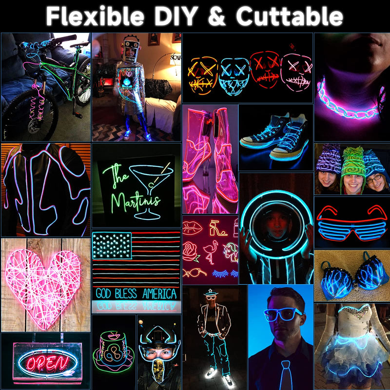 EL Wire-5 in 1 Meter Portable Neon Rope Lights Strip-Wearable Battery Pack Body Lights-360°Illumination-Super Bright-Cuttable-DIY Halloween Christmas Festival Party Game Room Cosplay Costume(Ice Blue Ice Blue 5in1
