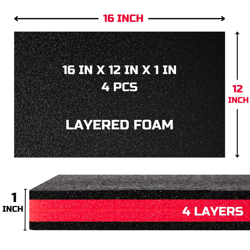 ONREVA Tool Box Foam 16x12x1 inch 4Pack, Foam Inserts for Cases, Polyethylene Storage Sheets for Toolbox Hard Case, Tool Shadow Insert, Kaizen Organizer Sheet, Black with Red