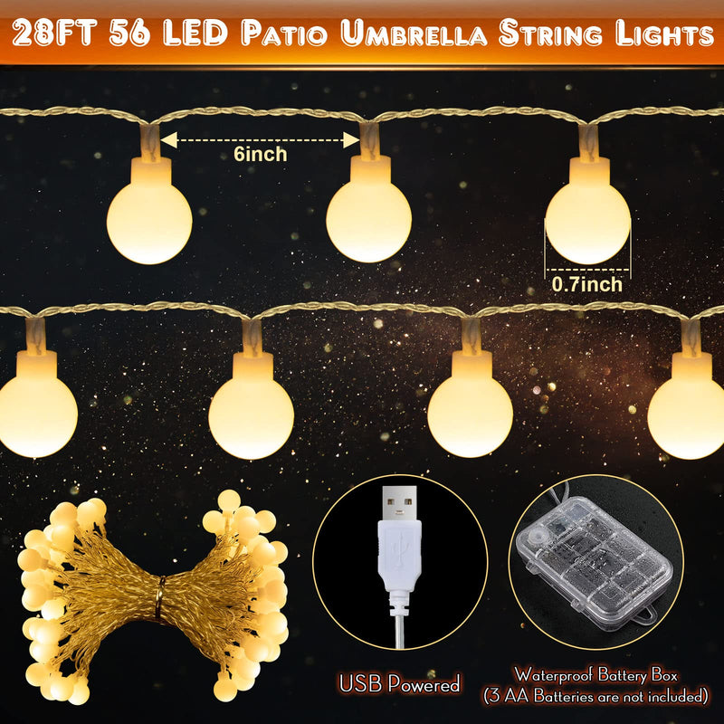 Enhon Patio Umbrella String Lights, Shatterproof Globe LED String Lights with Remote Control, 8 Lighting Modes, Battery/USB Powered, Waterproof Hanging Light Decorate for Patio Warm White