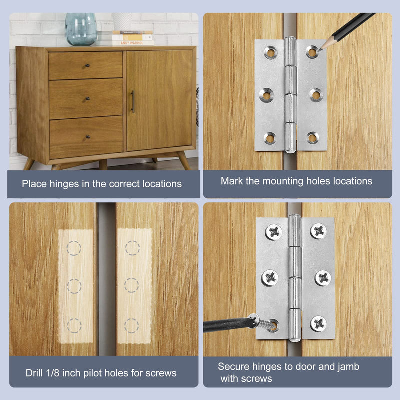 2.5" Door Hinge, 12 Pcs Stainless Steel Butt Hinges, Silver Window Hinges, Interior and Outdoor Hinges with Screws, 60 x 38 x 1.2mm 2.5 Inch