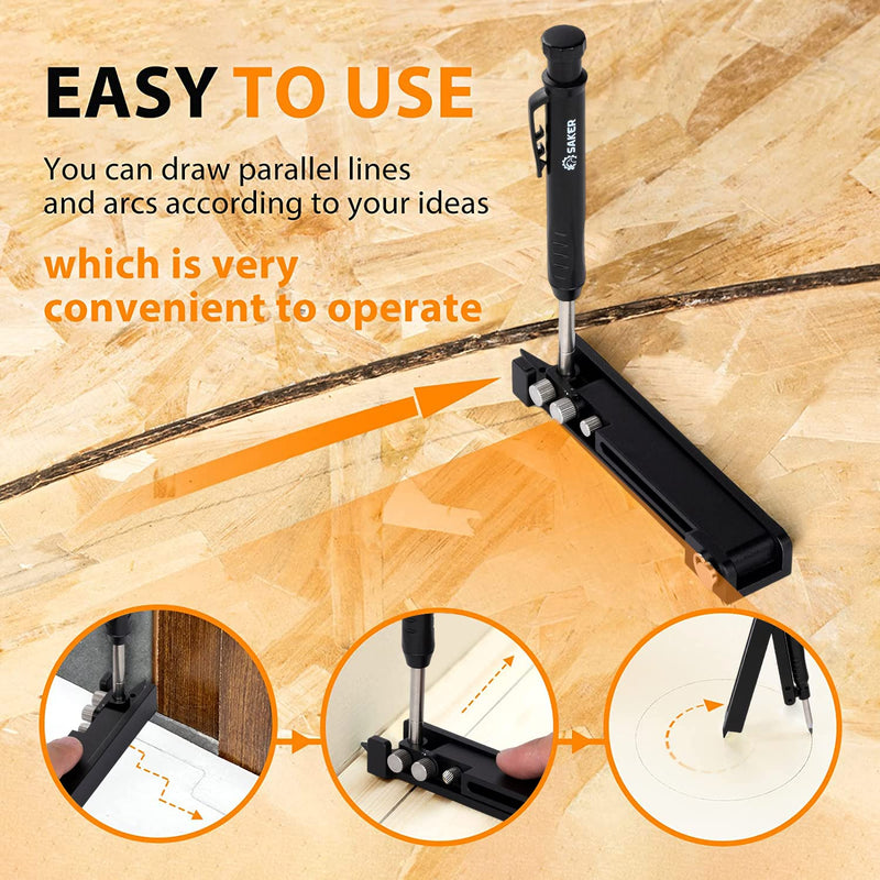 Saker Multi-function Scribing Tool- Construction Pencil- Aluminum Alloy Scribe Tool with Deep Hole Pencil,DIY Woodworking Scribe Gauge Scriber Line Maker Measuring Tool,Multifunctional Tools Black