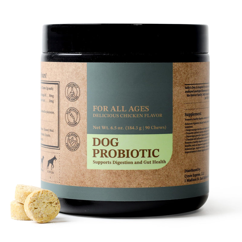 Selly’s Den Dog 6 Strain Blend Probiotics for Gut Health - Chicken Flavor Soft Chew Supplement for Itch - Enzymes, Pumpkin, & Prebiotics - Stops Gas, Diarrhea, and Bad Breath - Made in USA - 90 Count